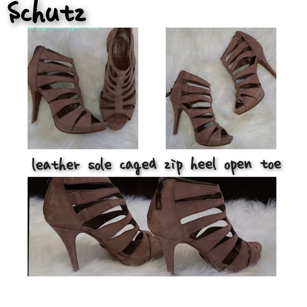 SCHUTZ Taupe Suede Caged Open-Toe Zip Heels